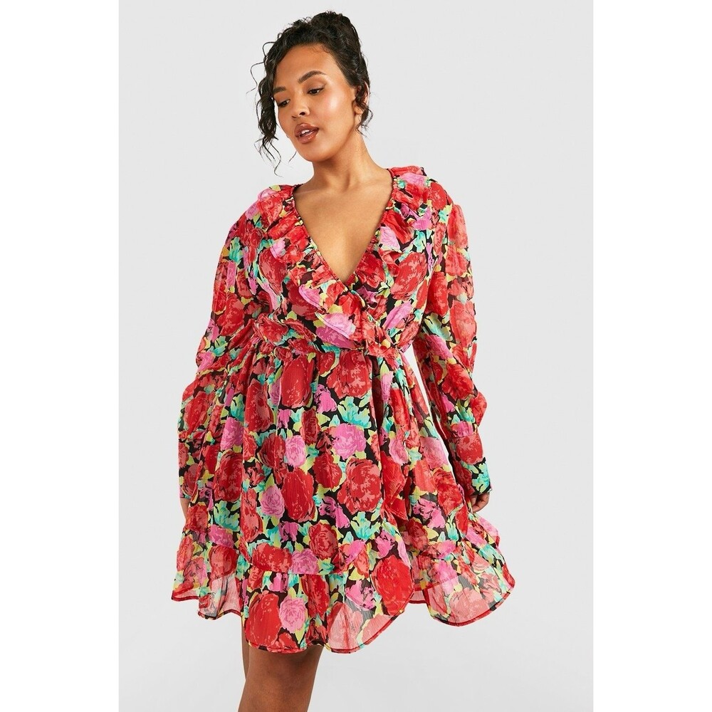 boohoo The Plus Printed Tea Dress Red Floral Flirty Flowers Size 14 Vacation
